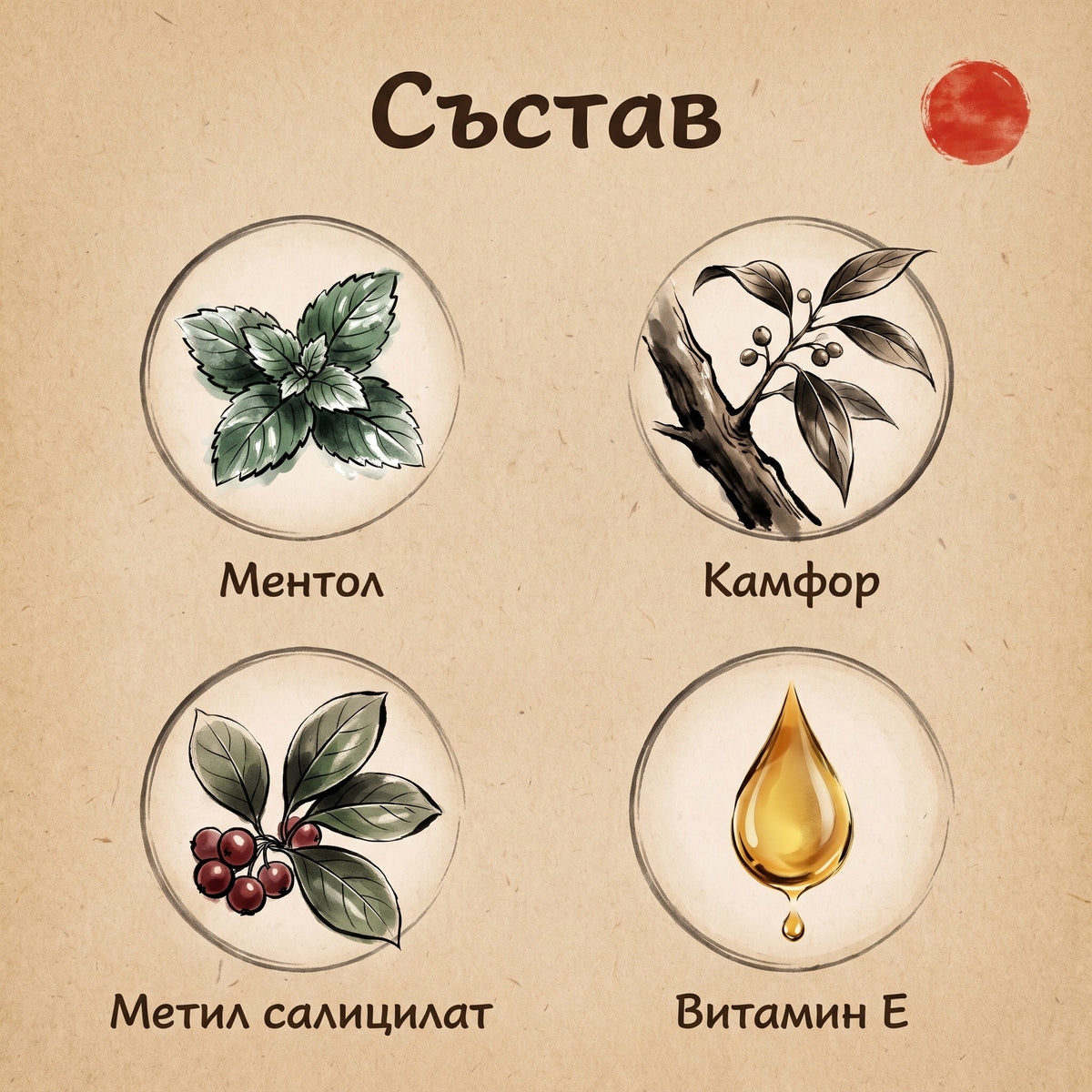 Състав: ментол, камфор, метил салицилат, витамин Е